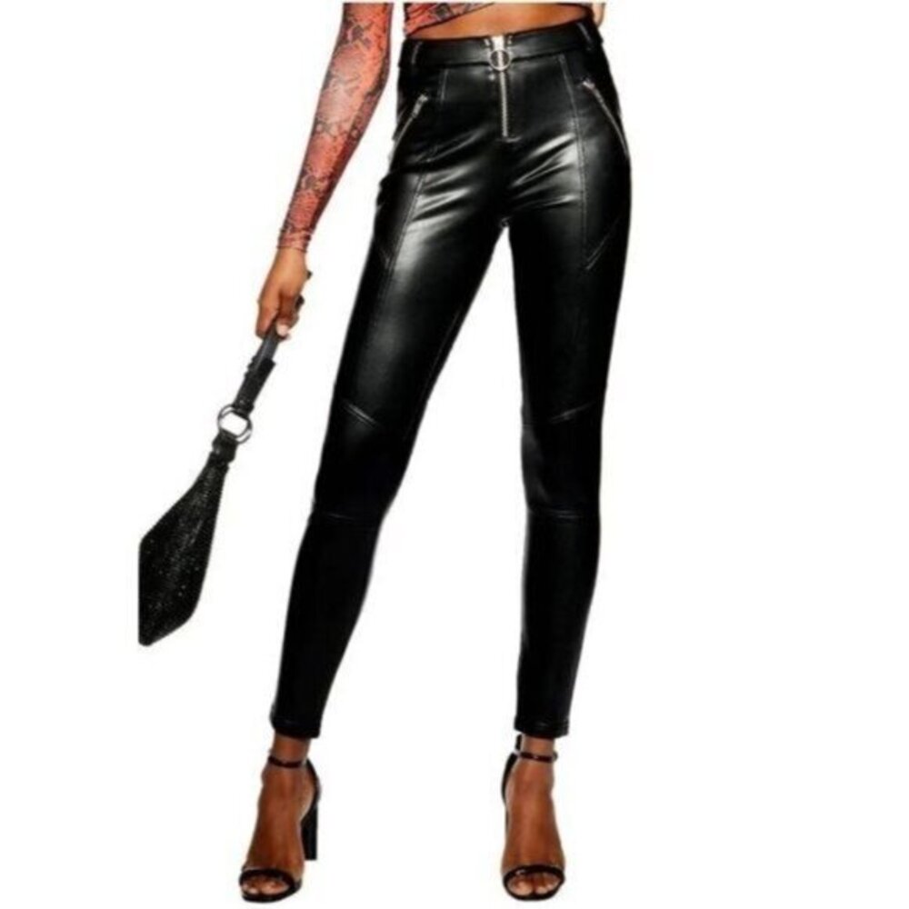 Topshop Black Vegan Leather Pants High Rise Biker Pants SZ 8 New